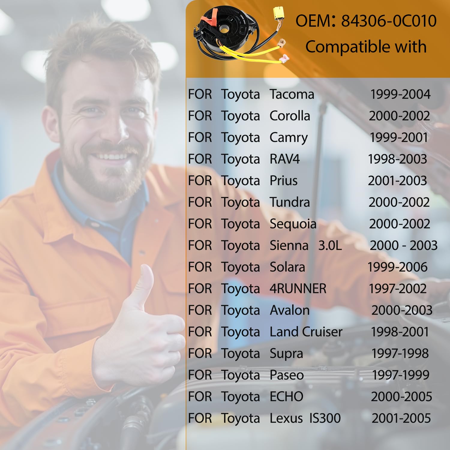 Replacement Wiring Harnesses Clcok-Spring for Toyota Corolla/Tundra 2000-2002, RAV4 1998-2003, Tacoma/Sequoia 2000-2004, 4Runner 1997-2002, Camry 1999-2001, Sienna/Avalon/Prius 2000-2003 84306-0C010