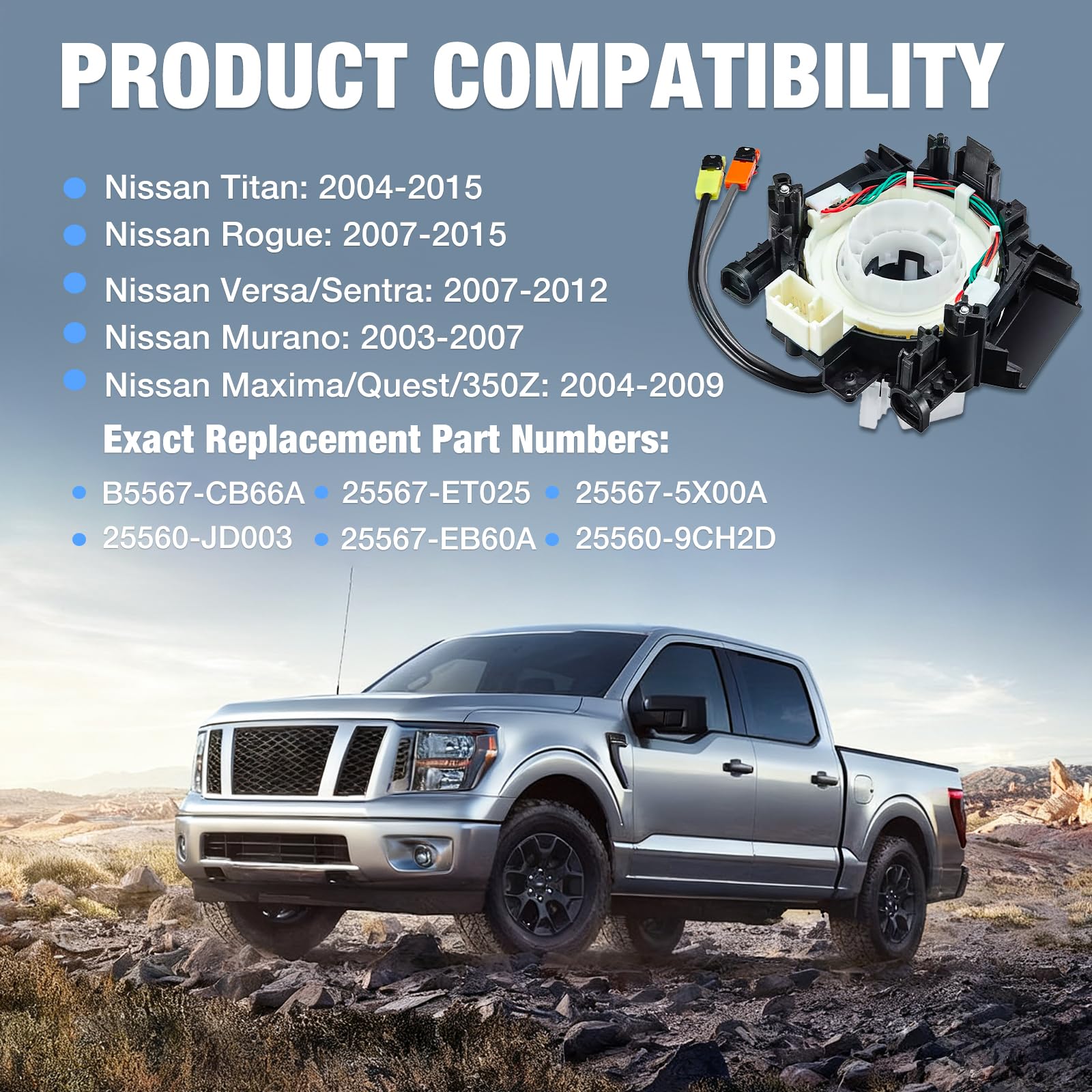 Wiring Harnesses Clcok-Spring for Nissan Titan 2004–2015, Nissan Rogue 2007–2015, Nissan Versa/Sentra 2007–2012, Murano 2003–2007, Maxima/Quest/350Z 2004–2009 Replacement# B5567-CB66A 25567-5X00A